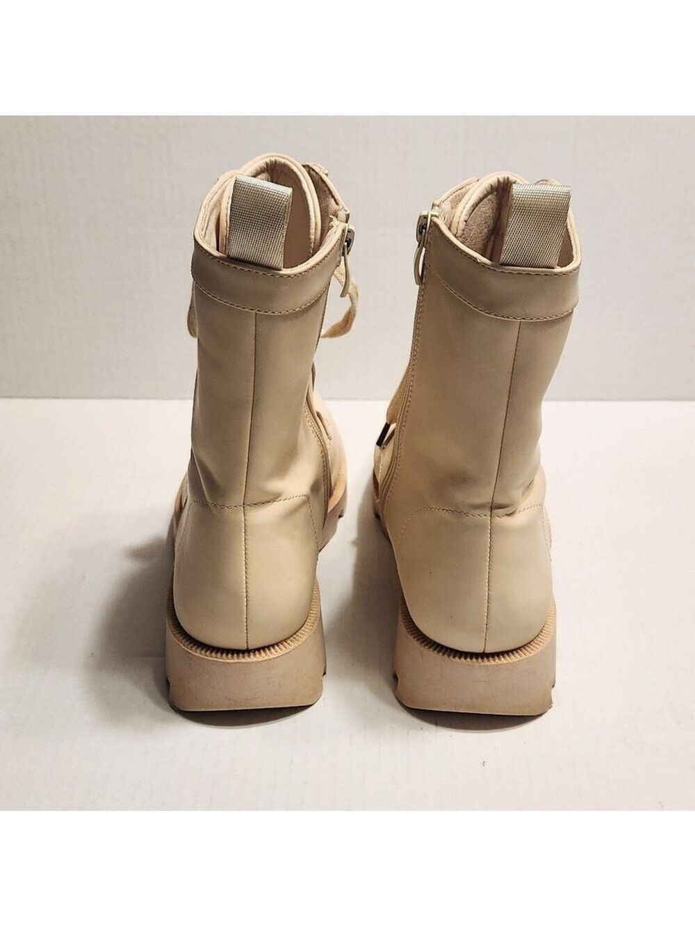 Faux Leather Lace Up Platform Ankle Combat Boots Cream Size 8 - Picture 5 of 11